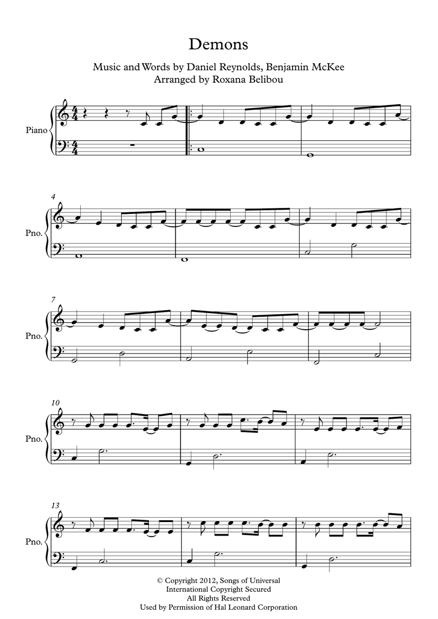 Demons Easy Piano scores gallery preview page 1