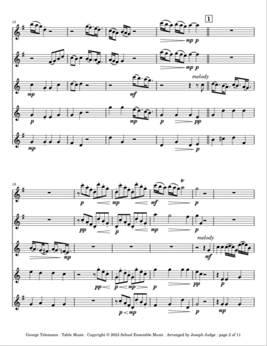 Table Music by Telemann for Saxophone Quintet in Schools Saxophone Quintet scores gallery preview page 2