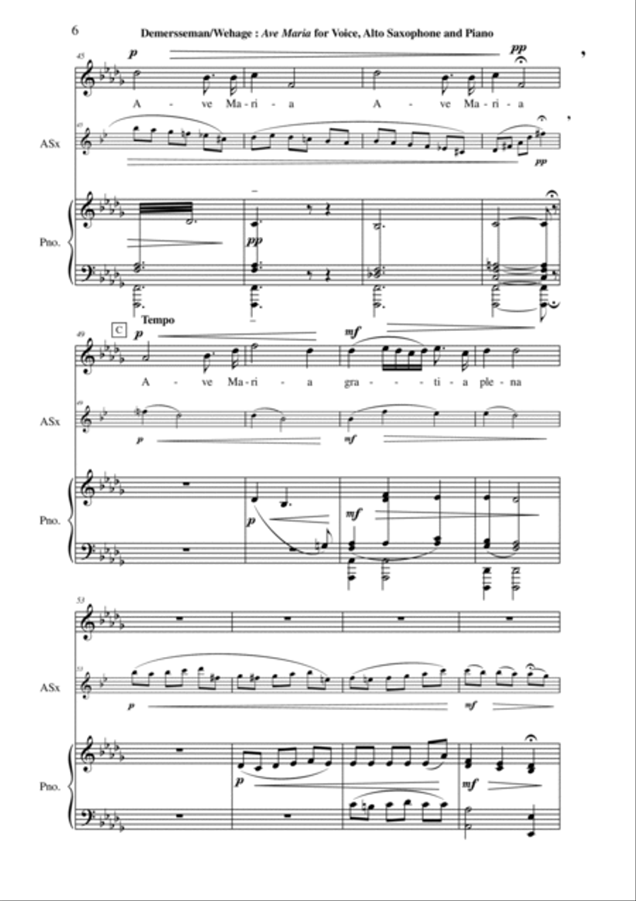 Jules Demersseman : Ave Maria for medium voice, alto saxophone and piano Small Ensemble scores gallery preview page 6