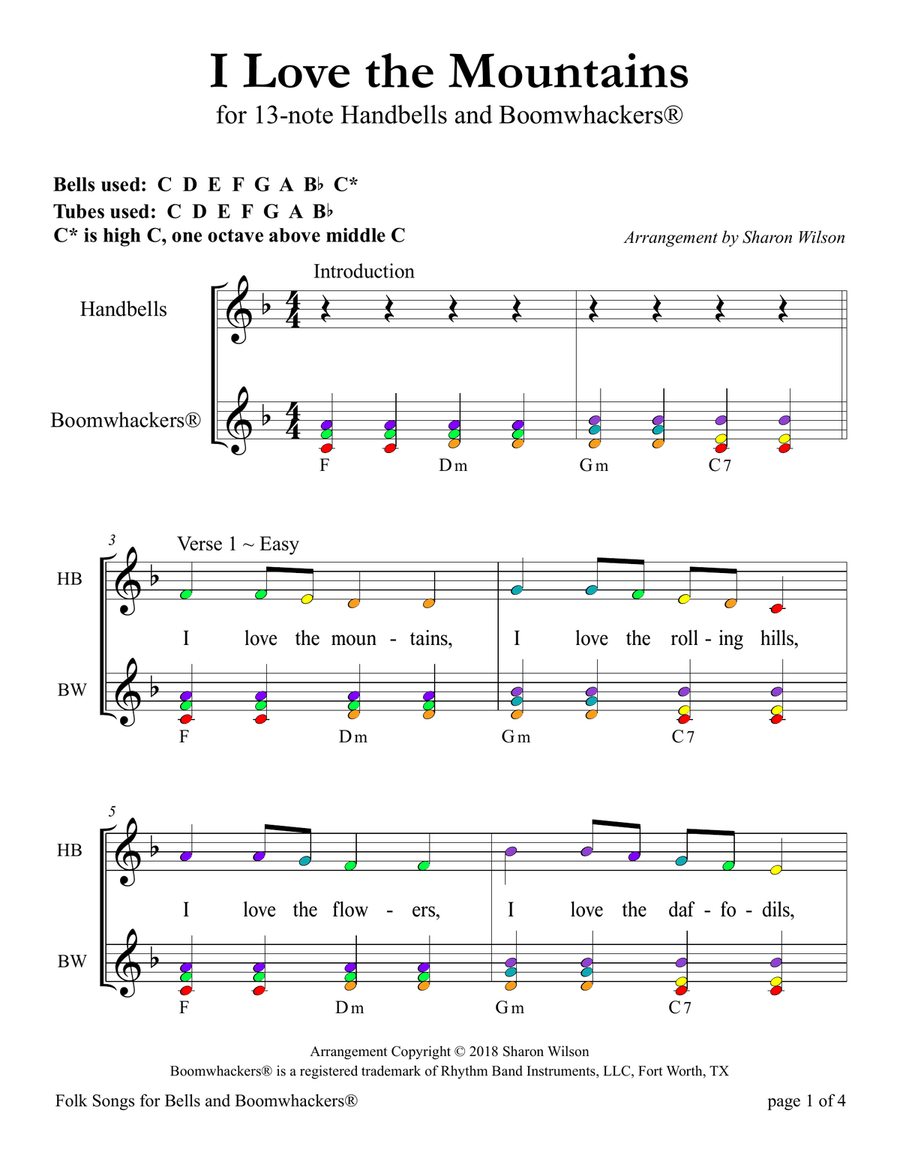 I Love the Mountains (for 13-note Bells and Boomwhackers with Color Coded Notes) Handbell Choir scores gallery preview page 5