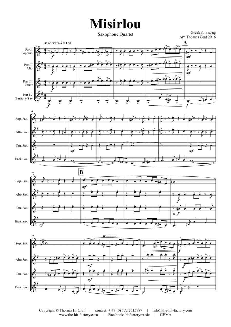 Misirlou - Pulp Fiction - Saxophone Quartet - Bb Saxophone Quartet scores gallery preview page 1