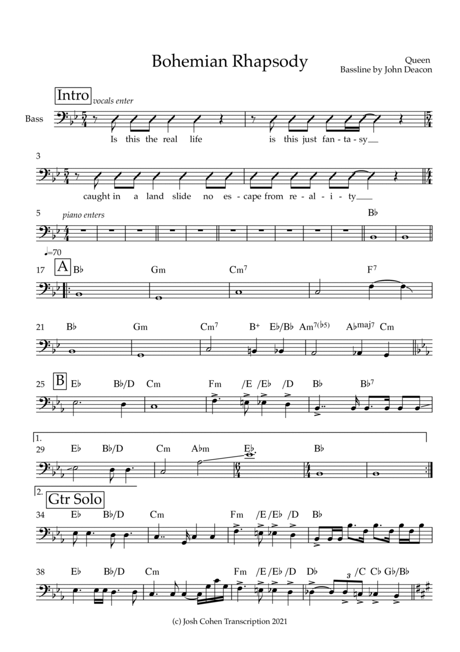 Bohemian Rhapsody Bass Guitar scores gallery preview page 1