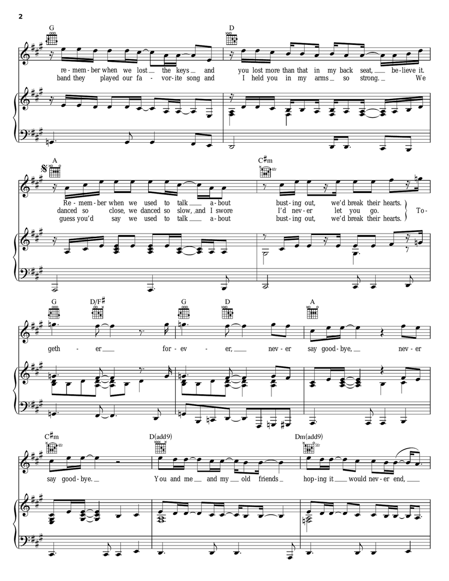 Never Say Goodbye Piano, Vocal, Guitar scores gallery preview page 2