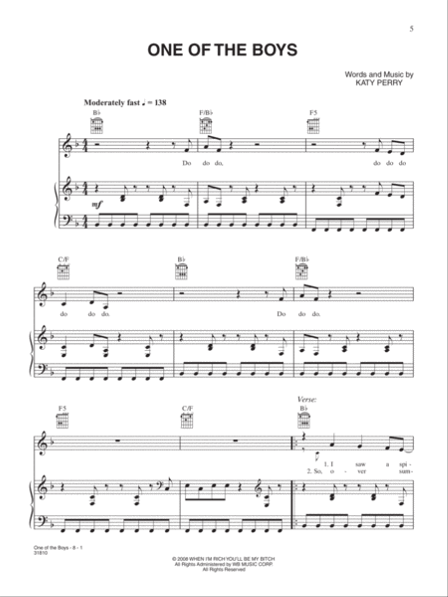 One of the Boys One of the Boys Piano, Vocal, Guitar scores gallery preview page 1