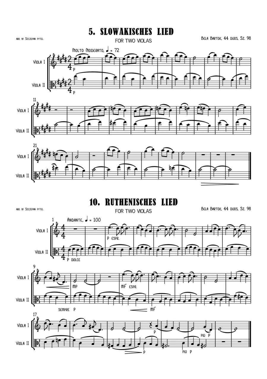 Bela Bartok 44 Duos for Two Violin, Sz. 98 arranged for 2 Violas (viola duet) or Violin & Viola by S String Duet scores gallery preview page 1