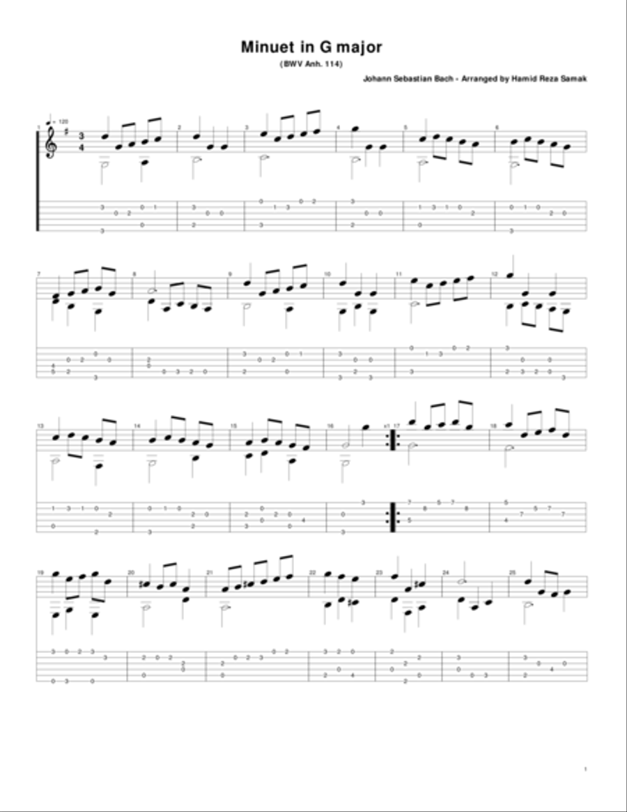 Bach Minuet in G for Guitar Classical Guitar scores gallery preview page 1