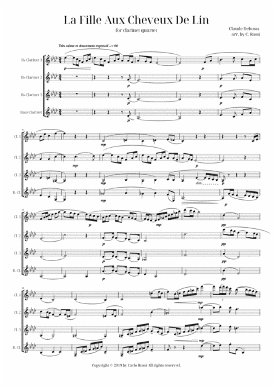 La Fille Aux Cheveux De Lin for Clarinet Quartet Clarinet Quartet scores gallery preview page 1