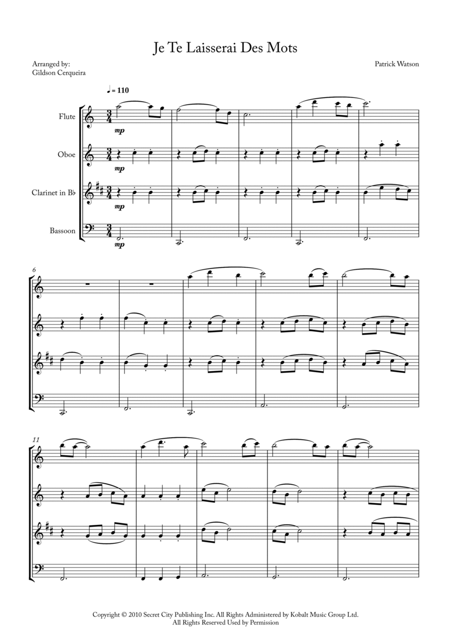 Je Te Laisserai Des Mots Je Te Laisserai Des Mots Woodwind Quartet scores gallery preview page 1