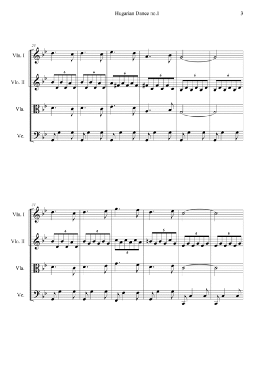 Hungarian Dances No.1 in G minor, Allegro molto String Quartet scores gallery preview page 3
