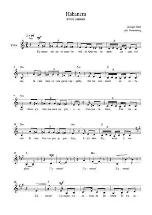 Habanera - Carmen for voice in A minor with chords