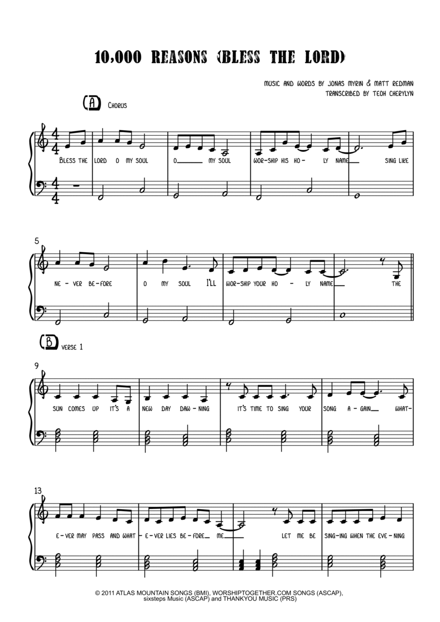 10,000 Reasons (bless The Lord) Easy Piano scores gallery preview page 1