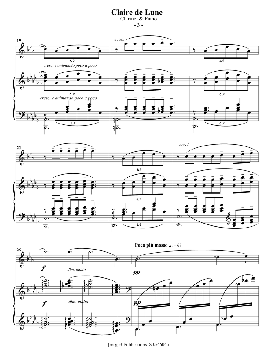 Debussy: Clair de Lune for Clarinet & Piano B-Flat Clarinet scores gallery preview page 3