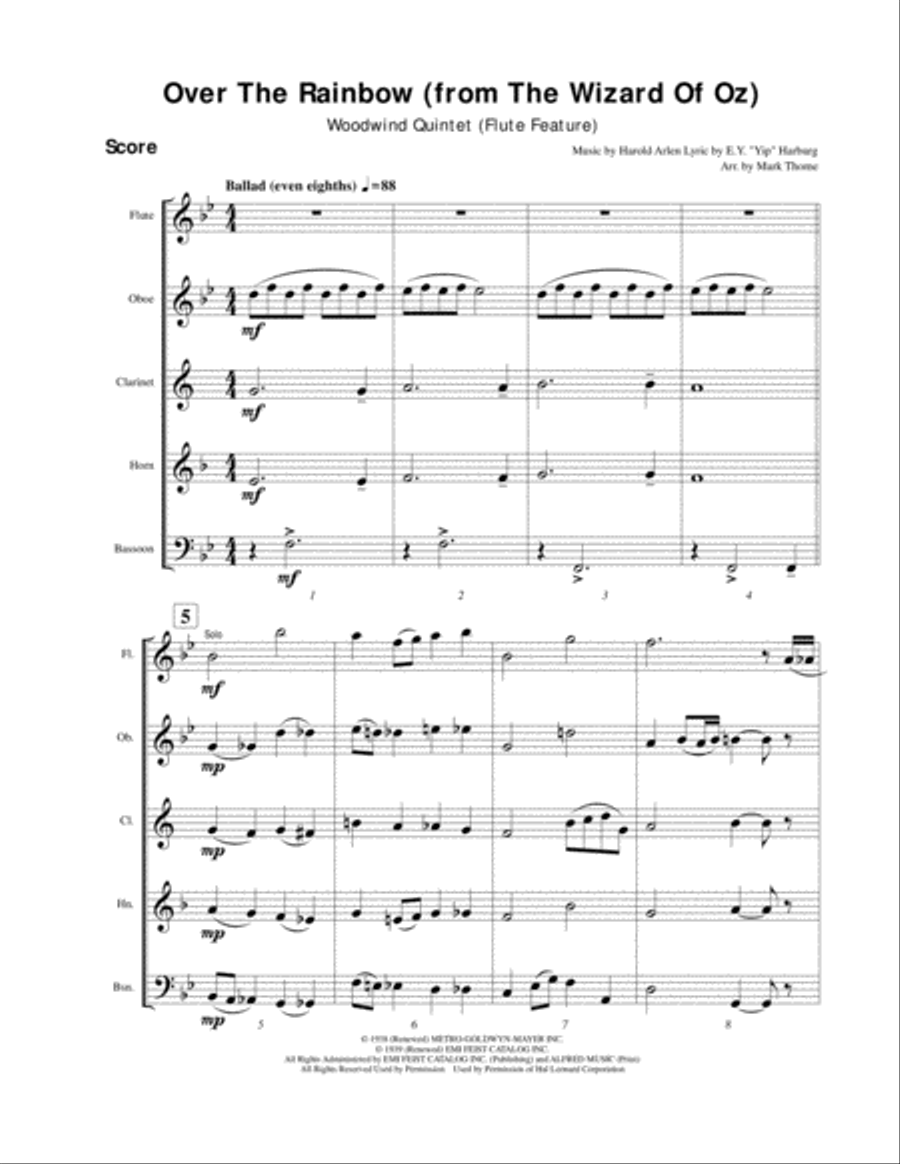 Over The Rainbow (from The Wizard Of Oz) Woodwind Quintet scores gallery preview page 2