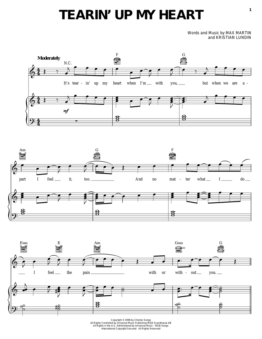Tearin' Up My Heart Piano, Vocal, Guitar scores gallery preview page 1
