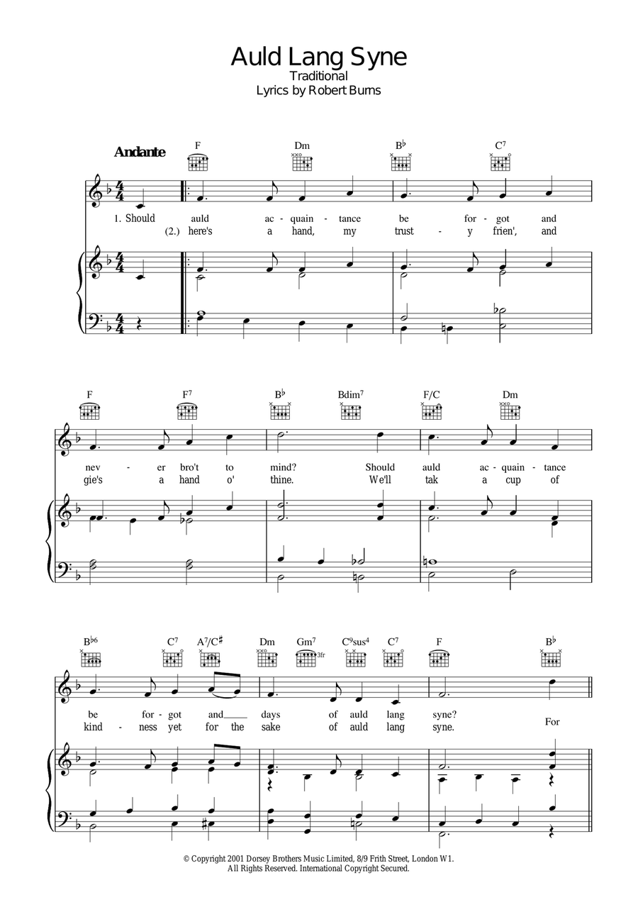Auld Lang Syne Piano, Vocal, Guitar scores gallery preview page 1
