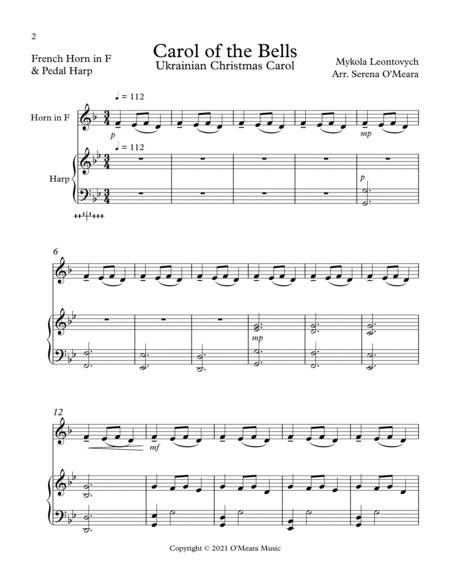 Carol of the Bells, Duet for French Horn and Pedal Harp by Serena O'Meara Horn - Digital Sheet Music