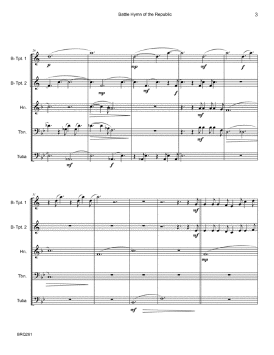 BATTLE HYMN OF THE REPUBLIC for BRASS QUINTET/SEXTET (unaccompanied) Brass Quintet scores gallery preview page 3