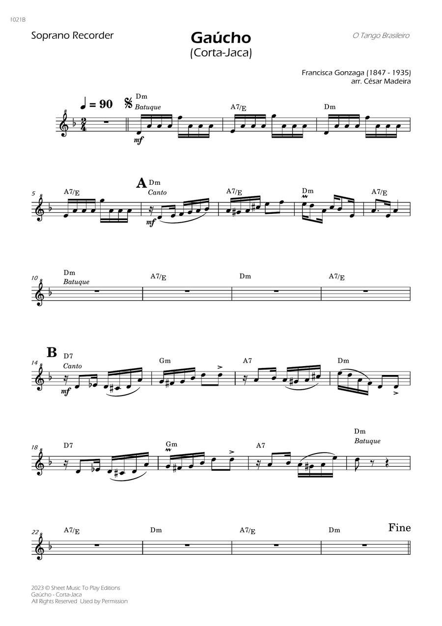 Gaúcho (Corta-Jaca) - Recorder Solo - W/Chords Soprano Recorder scores gallery preview page 1