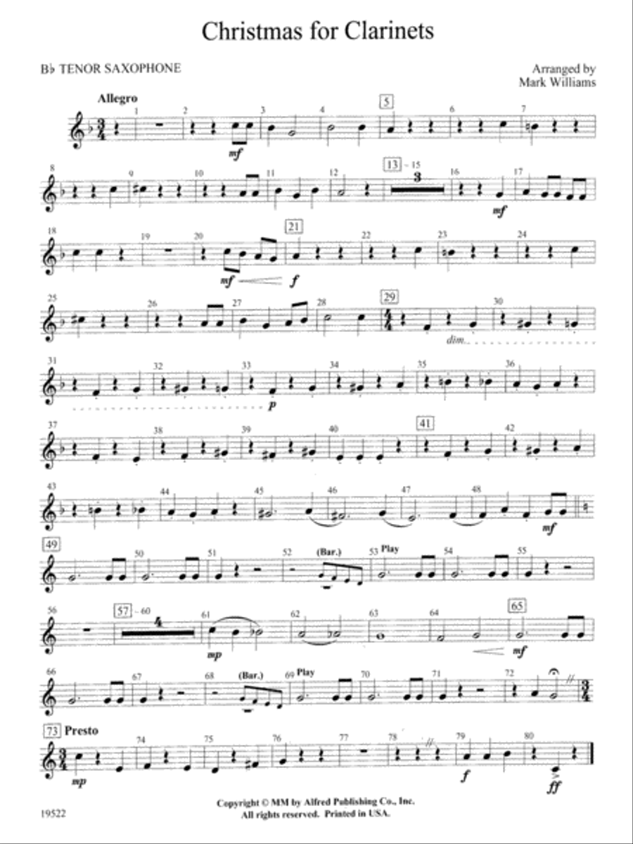 Christmas for Clarinets: B-flat Tenor Saxophone Concert Band scores gallery preview page 1