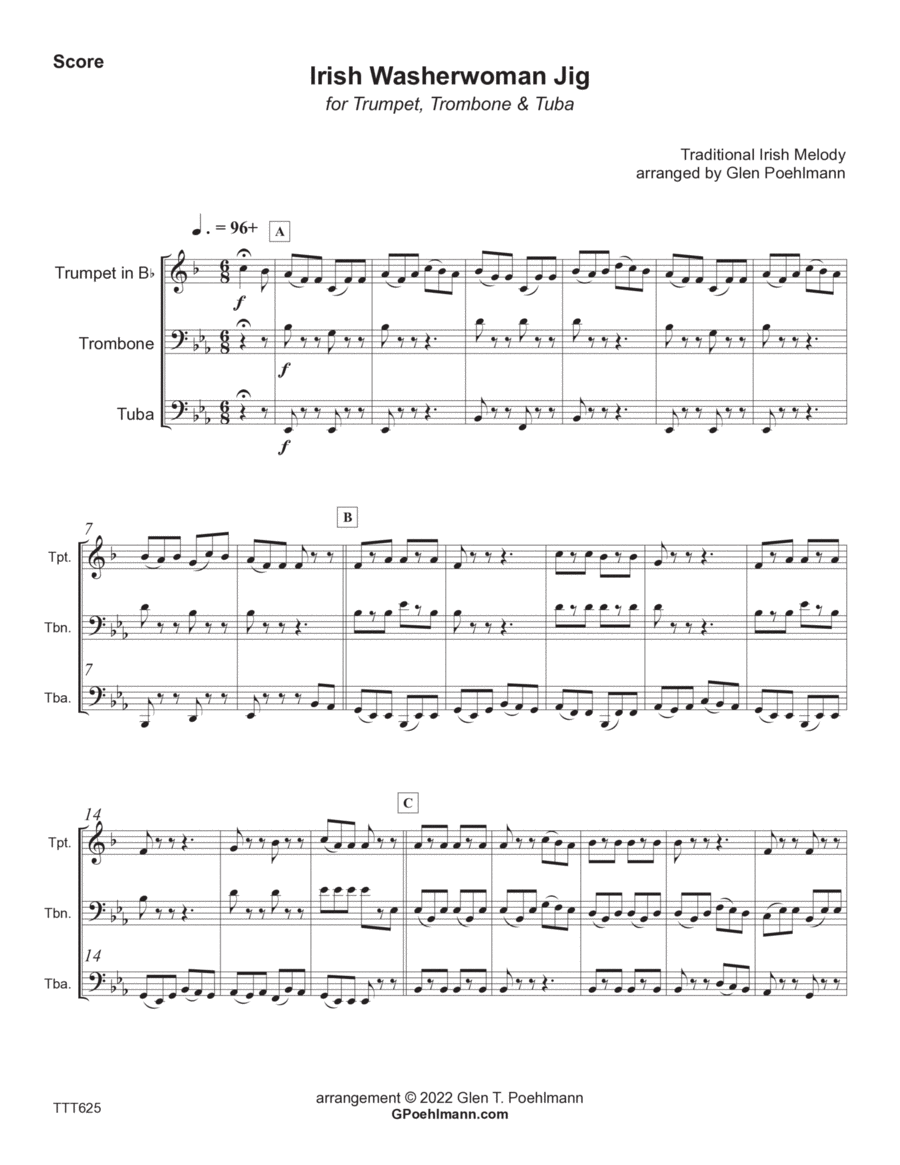 THE IRISH WASHERWOMAN - Trumpet, Trombone & Tuba (unaccompanied) Brass Ensemble scores gallery preview page 1