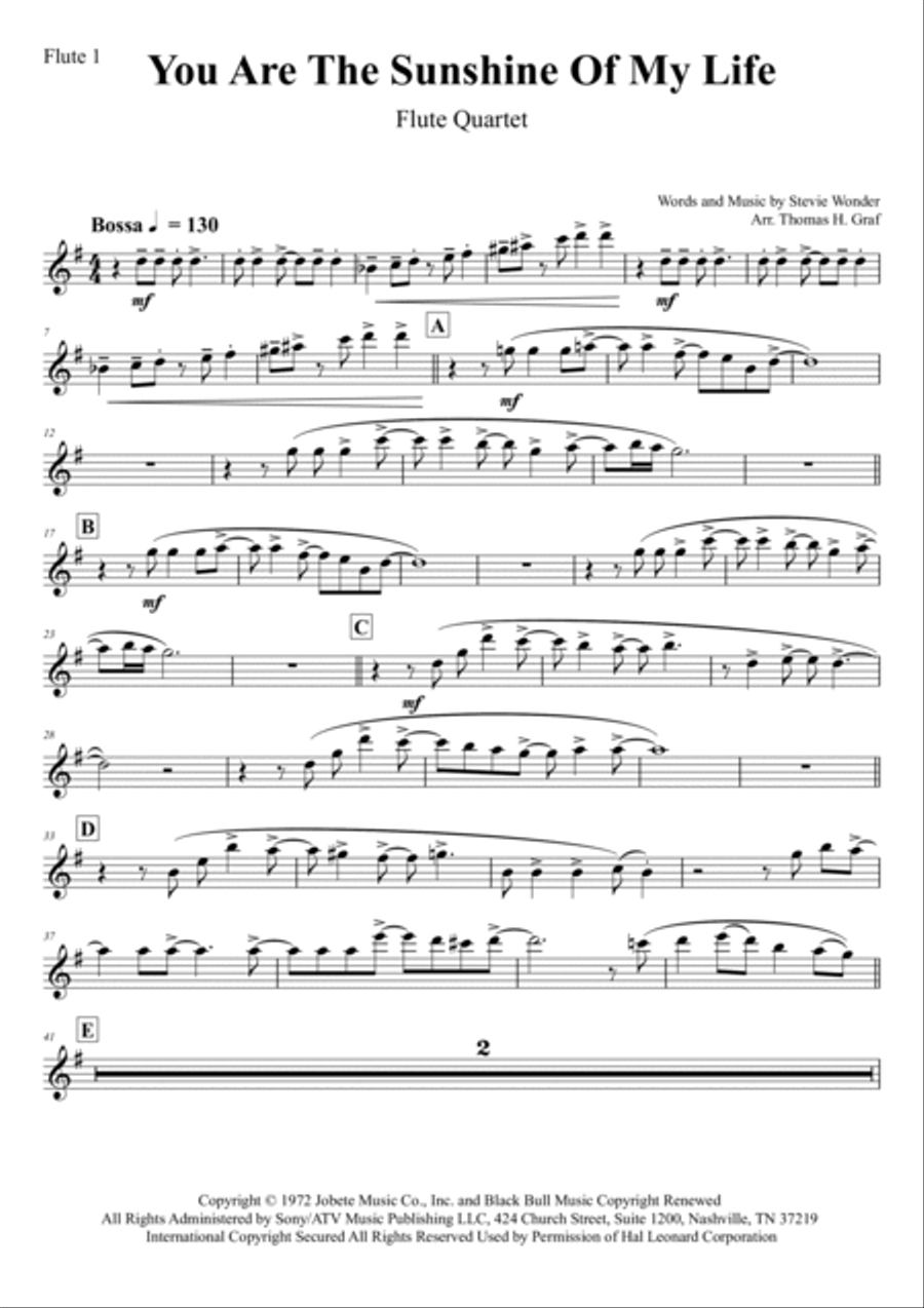 You Are The Sunshine Of My Life Flute Quartet scores gallery preview page 5
