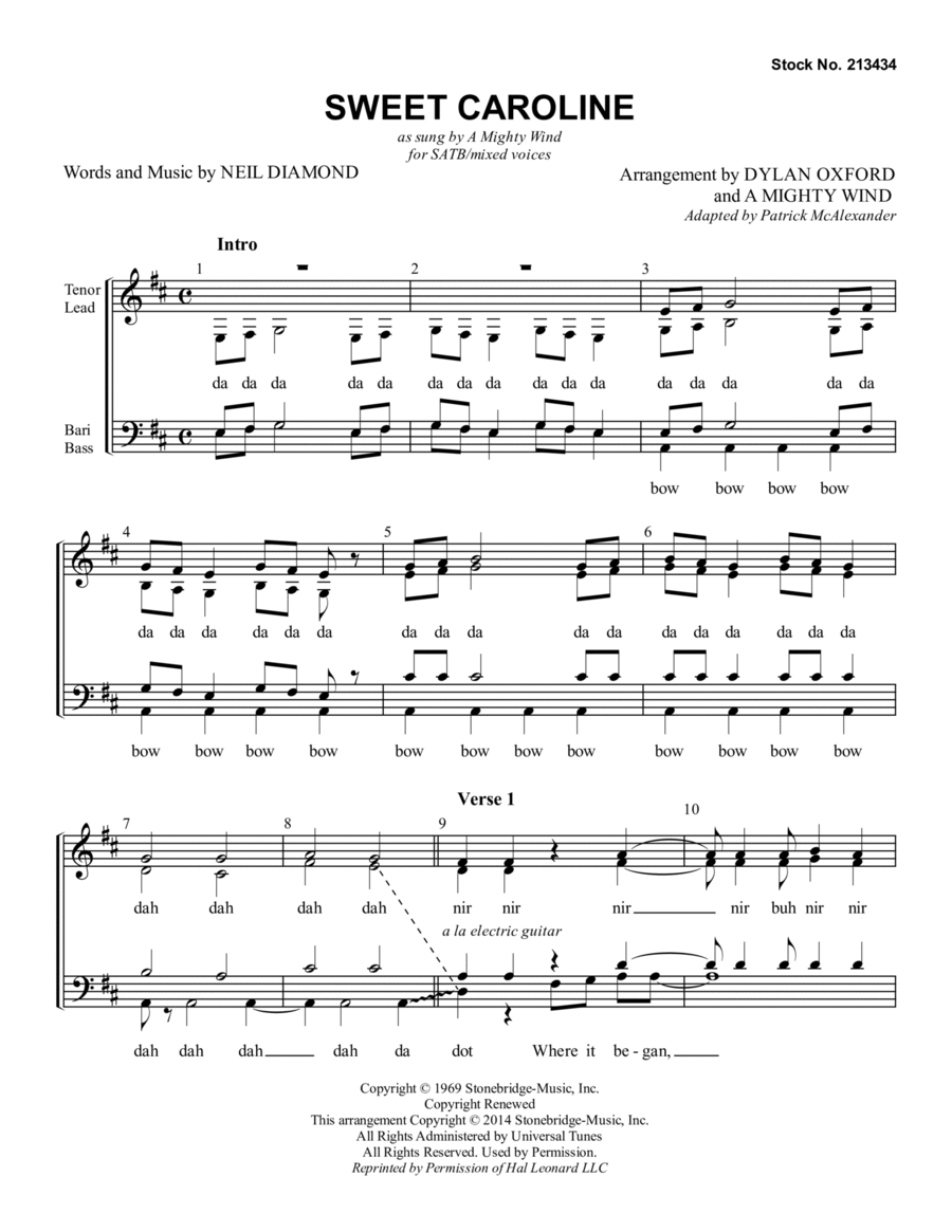Sweet Caroline (arr. Dylan Oxford & A Mighty Wind) 4-Part scores gallery preview page 1