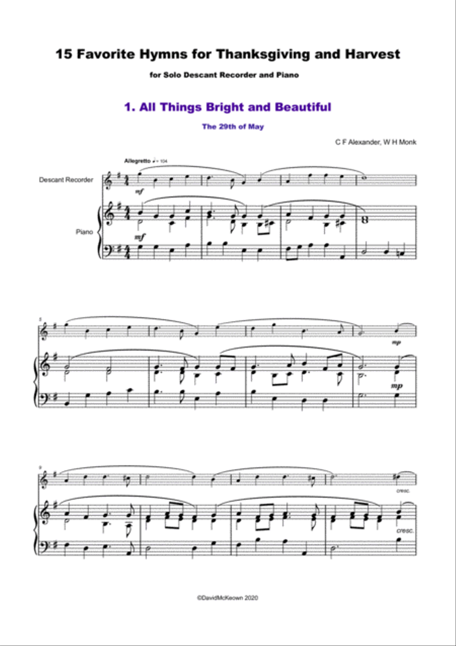 15 Favourite Hymns for Thanksgiving and Harvest for Descant Recorder and Piano Soprano Recorder scores gallery preview page 2
