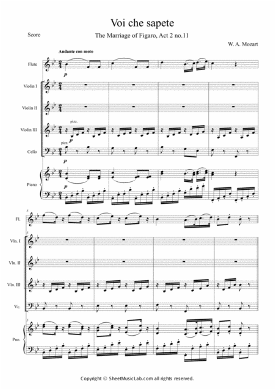 Voi che sapete (The Marriage of Figaro, Act 2 no.11) Orchestra scores gallery preview page 1
