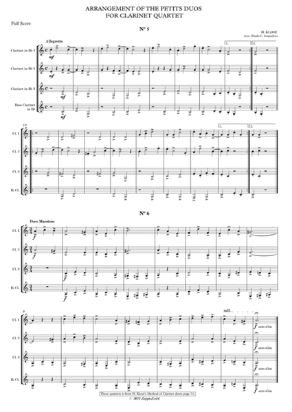 ARRANGEMENT OF THE PETITS DUOS FOR CLARINET QUARTET Nº 5 & 6 image number null