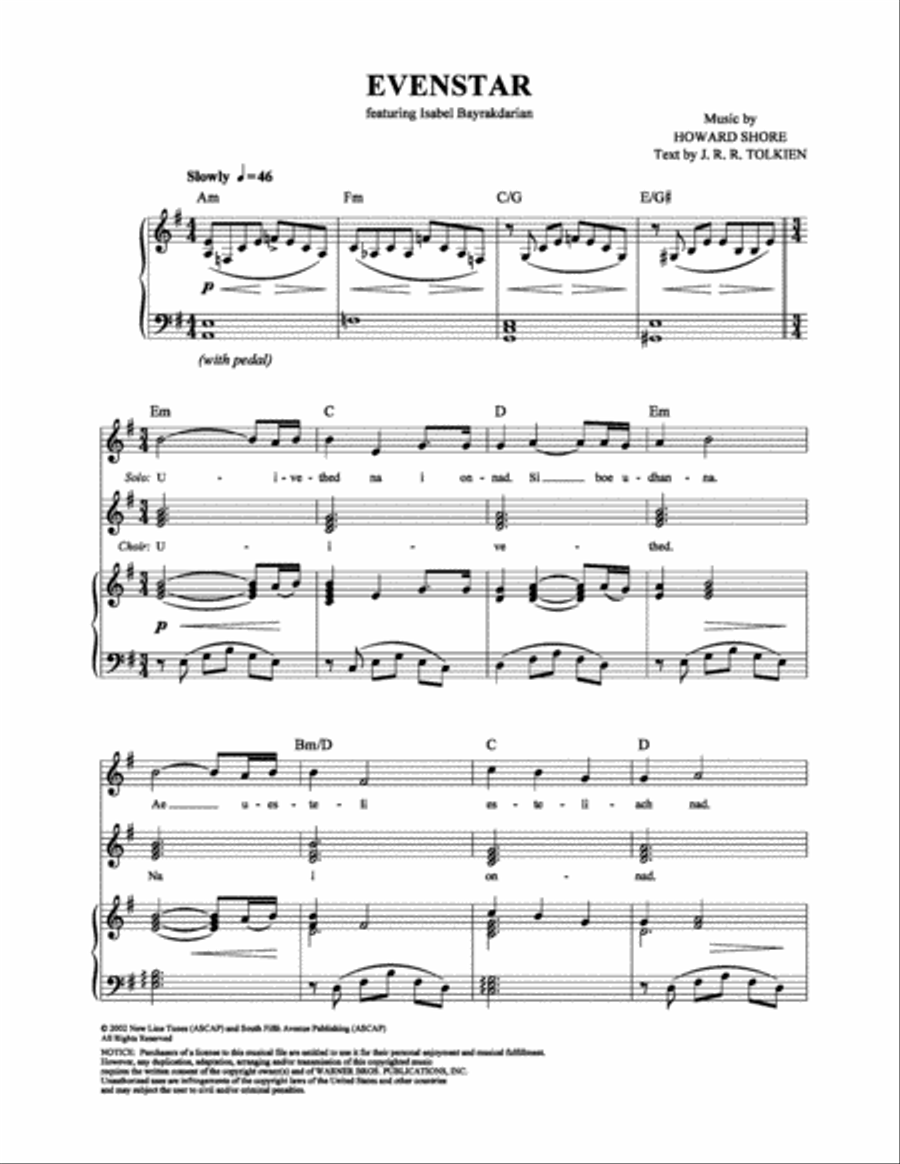 Evenstar Piano, Vocal, Guitar scores gallery preview page 1