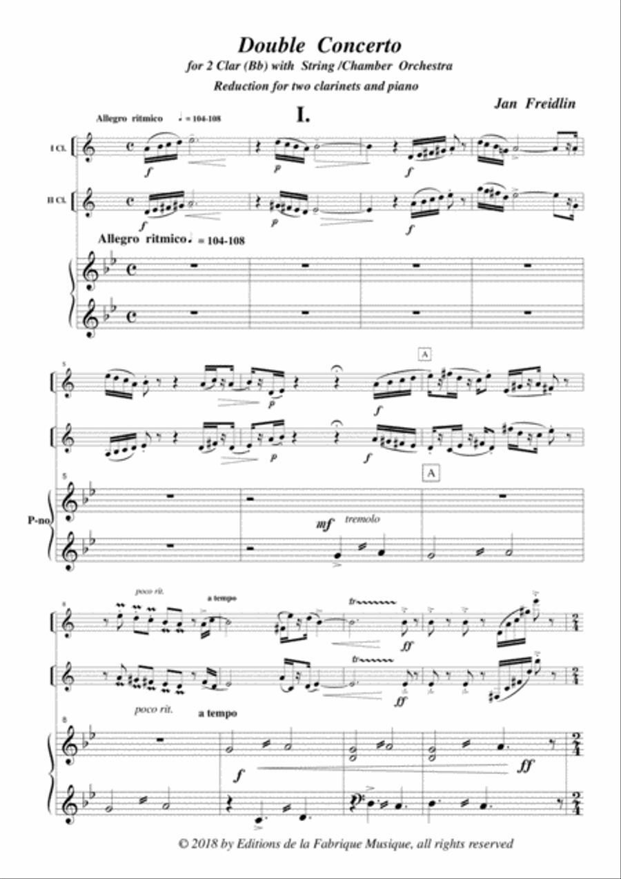 Jan Freidlin: Double Concerto for two Bb clarinets and string orchestra, piano reduction and solo pa B-Flat Clarinet scores gallery preview page 2