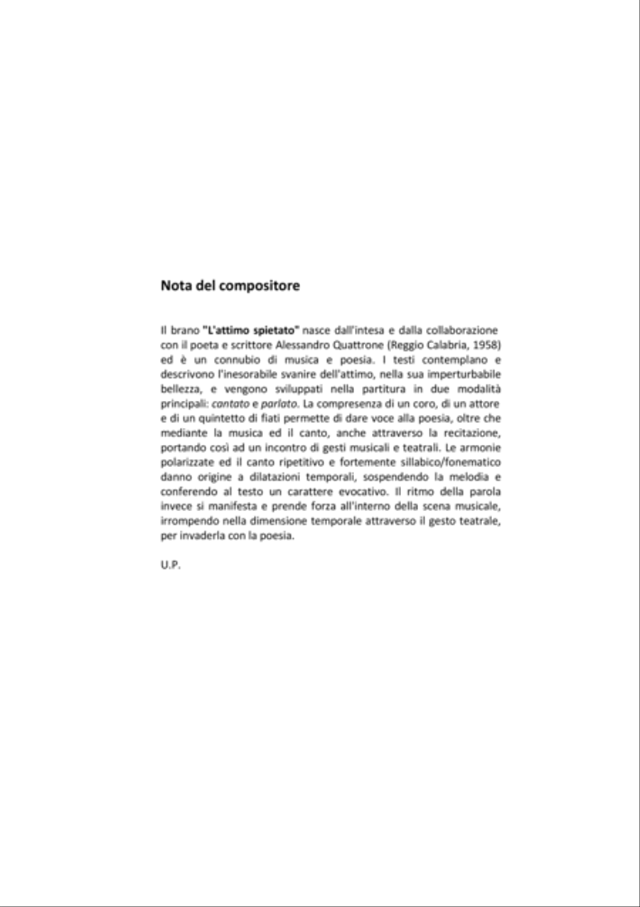 Umberto Pedraglio: L’ATTIMO SPIETATO (ES 1045) per voce recitante, coro (SATB) e quintetto di fiat 4-Part scores gallery preview page 5