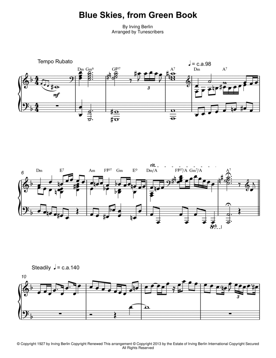 Blue Skies, from Green Book Piano Solo scores gallery preview page 1