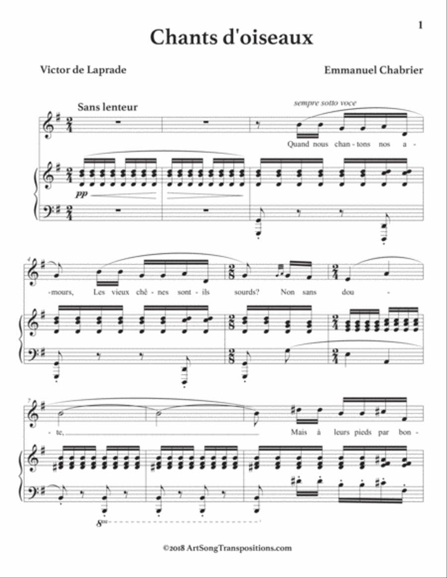 CHABRIER: Chants d'oiseaux (transposed to G major) Voice scores gallery preview page 2