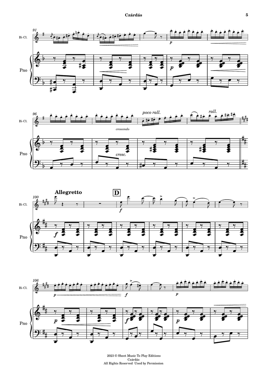 Czardas - Bb Clarinet and Piano (Full Score and Parts) B-Flat Clarinet scores gallery preview page 6