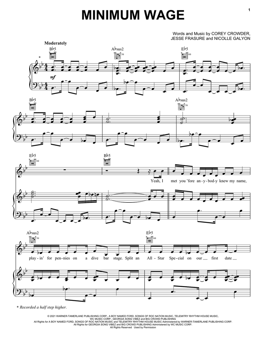 Minimum Wage Minimum Wage Piano, Vocal, Guitar scores gallery preview page 1