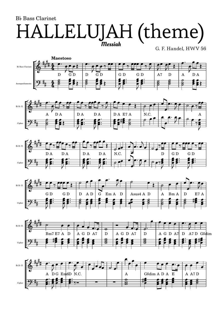 Aleluia (HALLELUJAH), of the Messiah - for B♭ Bass Clarinet and accompaniment Bass Clarinet scores gallery preview page 2