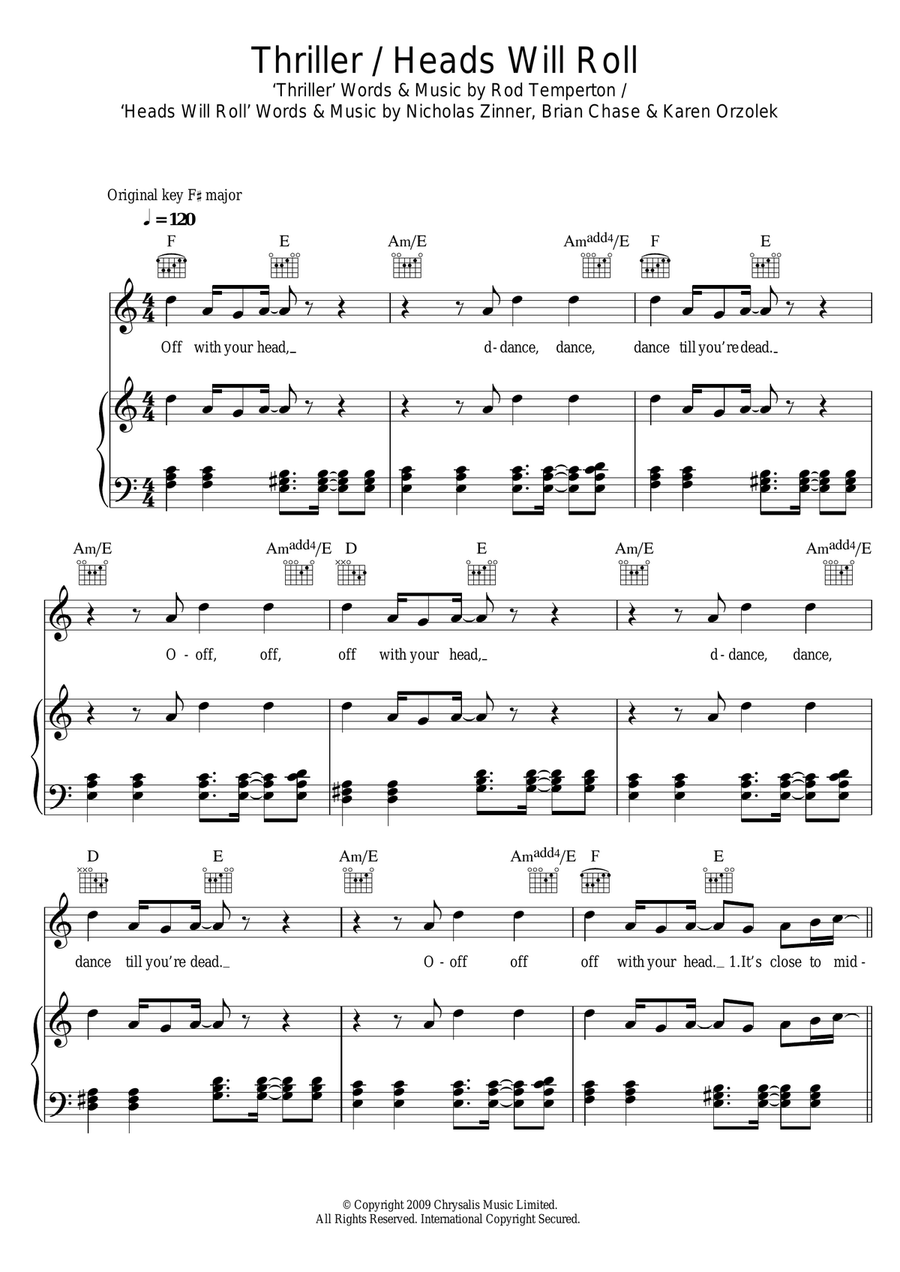 Thriller/Heads Will Roll Piano, Vocal scores gallery preview page 1