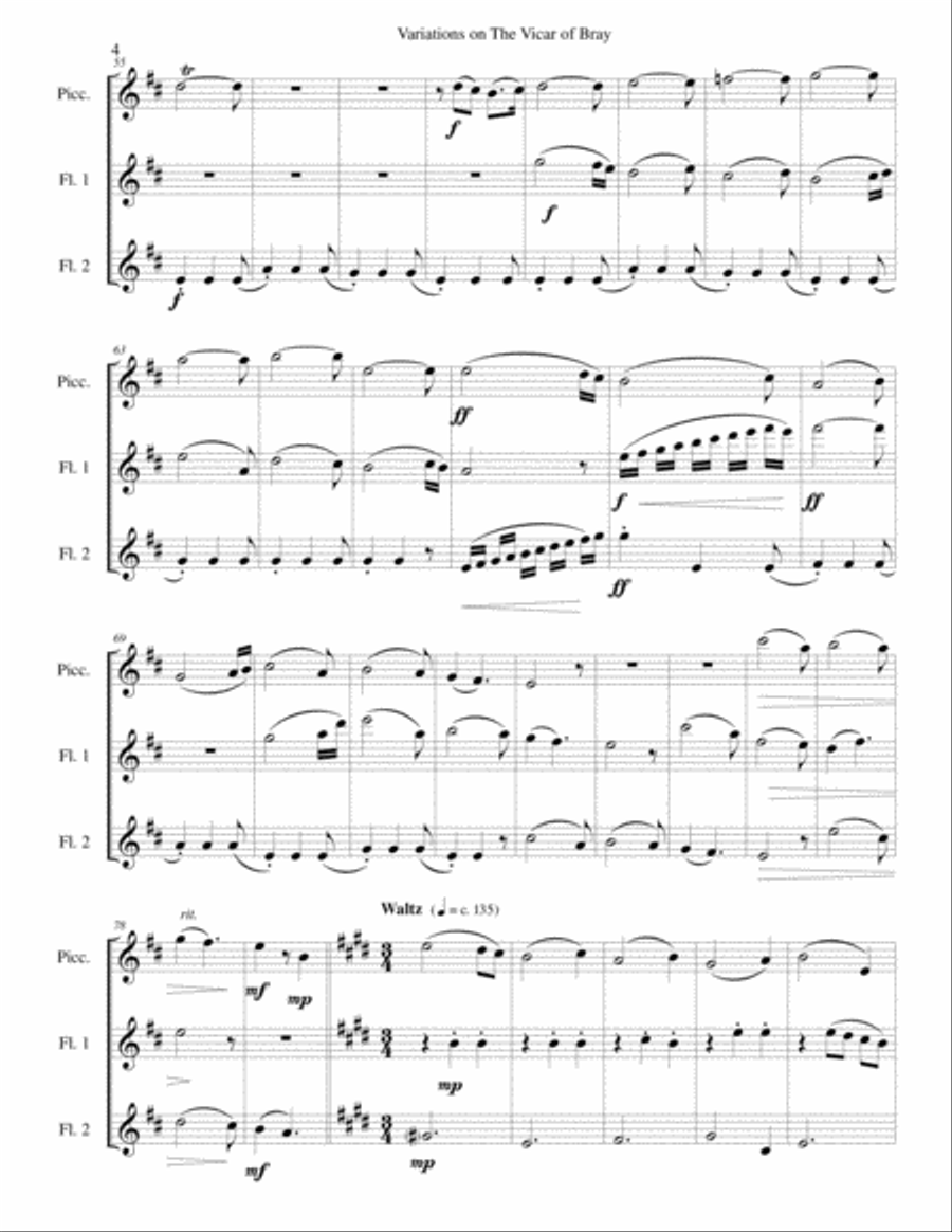 Variations on the Vicar of Bray for flute trio (piccolo and 2 flutes) Flute Trio scores gallery preview page 4
