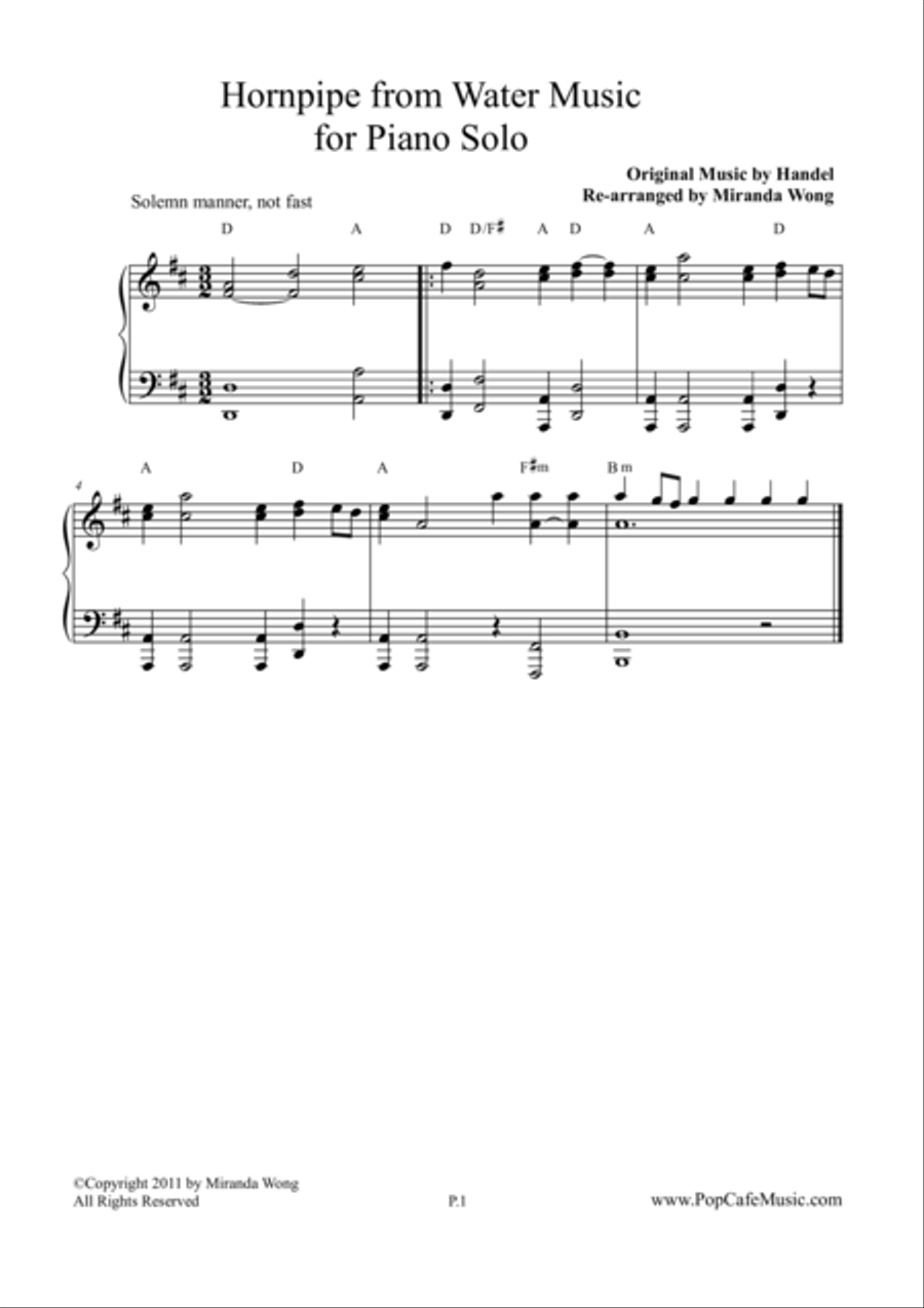 Hornpipe from Water Music - Piano Solo Easy Piano scores gallery preview page 1