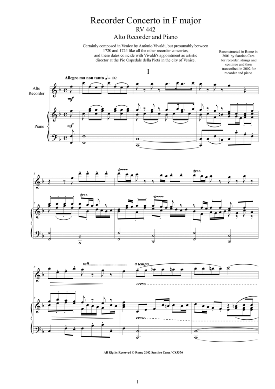 Vivaldi - Recorder Concerto in F major RV 442 for Alto Recorder and Piano Alto Recorder scores gallery preview page 1