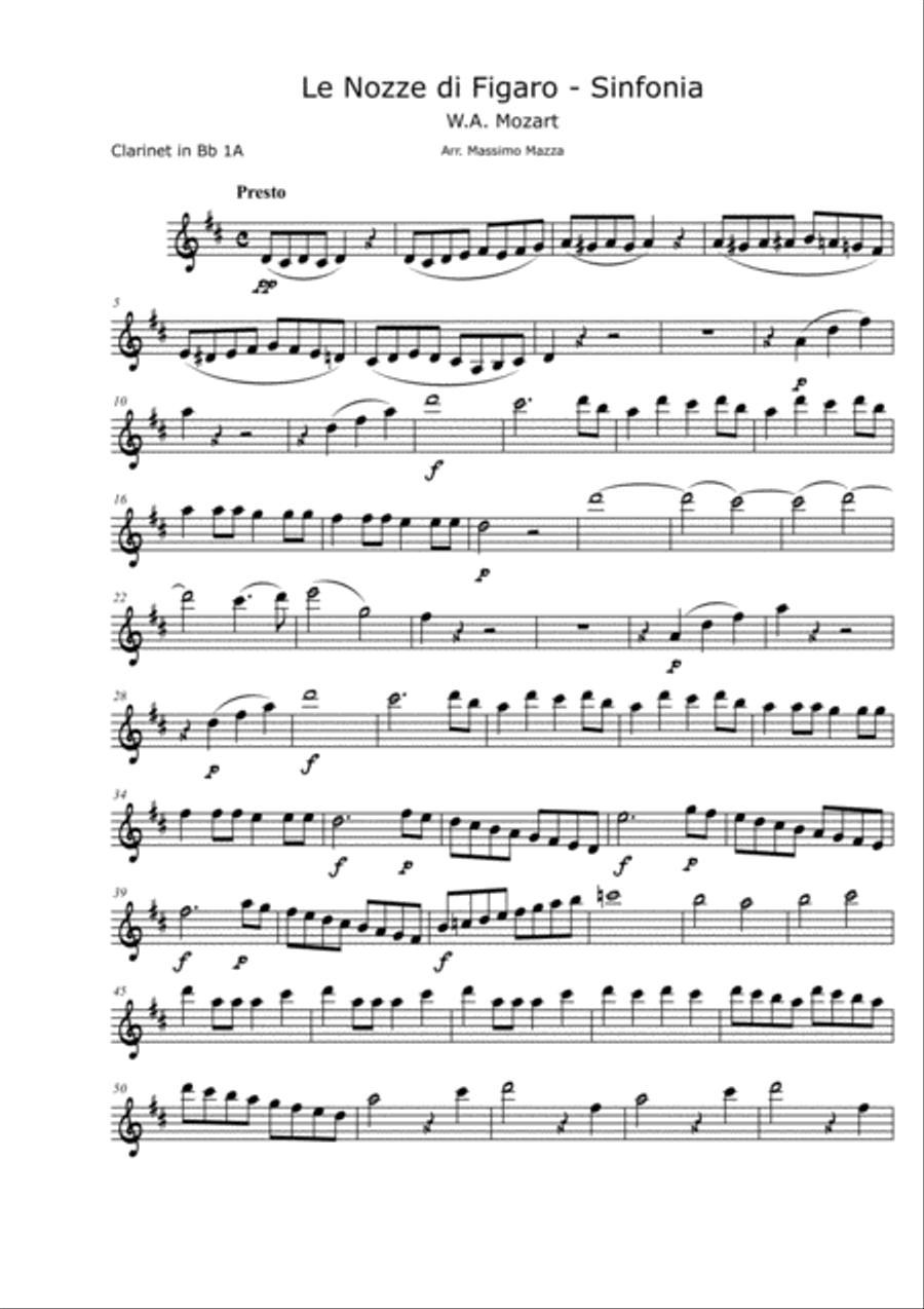 W.A. Mozart Le Nozze di Figaro (The Marriage of Figaro) SINFONIA for Clarinet Choir Set of Parts Clarinet Choir scores gallery preview page 1