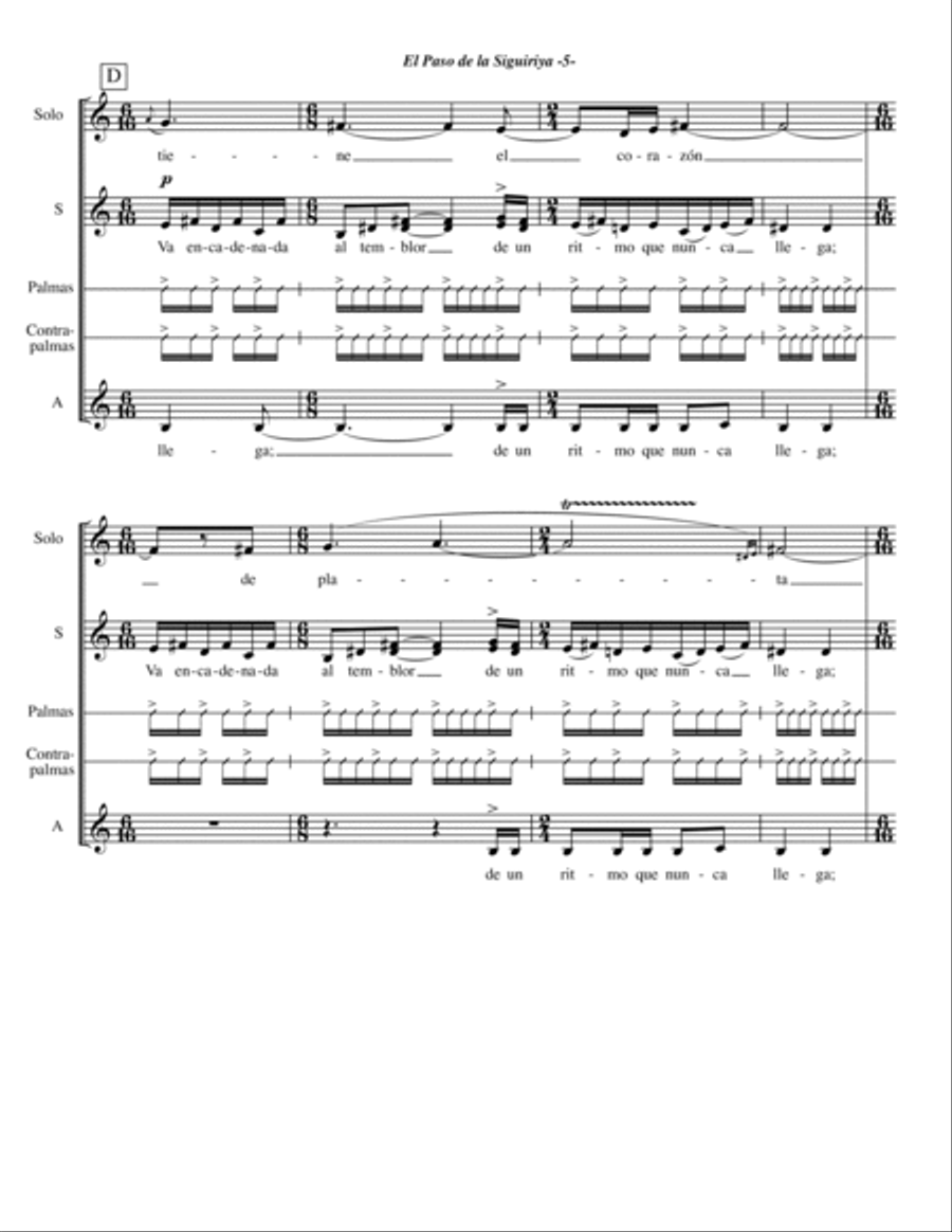 El Paso de la Siguiriya - SSAA, Mezzo Soloist, and rhythm clapping in Flamenco style SSAA scores gallery preview page 6