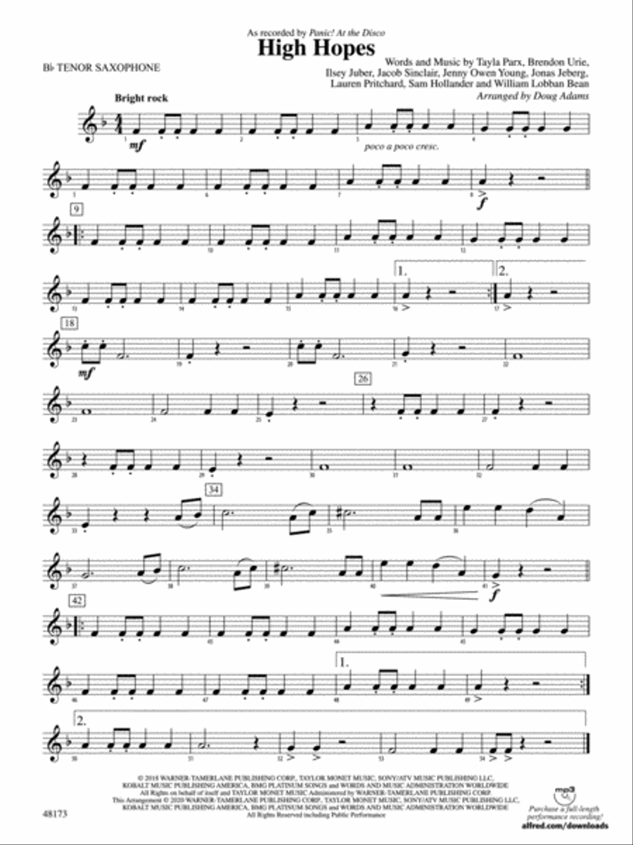 High Hopes: B-flat Tenor Saxophone Concert Band scores gallery preview page 1