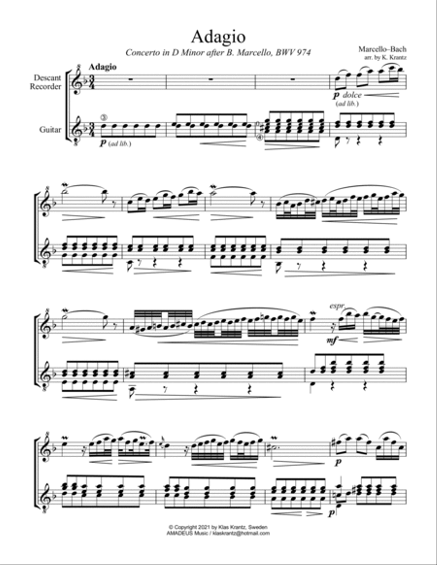 Adagio BWV 974 from Concerto in D Minor after Marcello for descant recorder and guitar Soprano Recorder scores gallery preview page 2