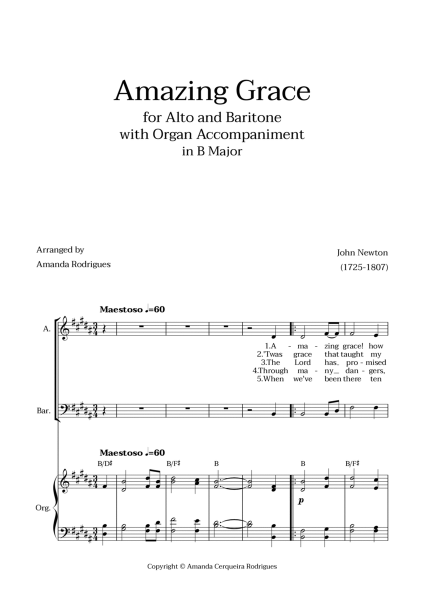 Amazing Grace in B Major - Alto and Baritone with Organ Accompaniment and Chords image number null