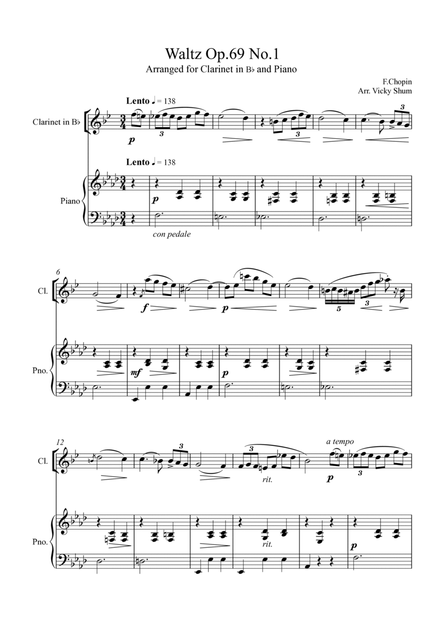 Chopin Waltz Op.69 No.1 (For Clarinet in Bb and Piano) B-Flat Clarinet scores gallery preview page 1