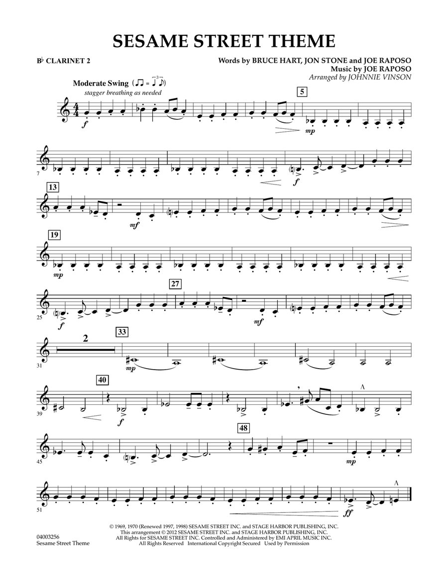 Sesame Street Theme - Bb Clarinet 2 Concert Band scores gallery preview page 1