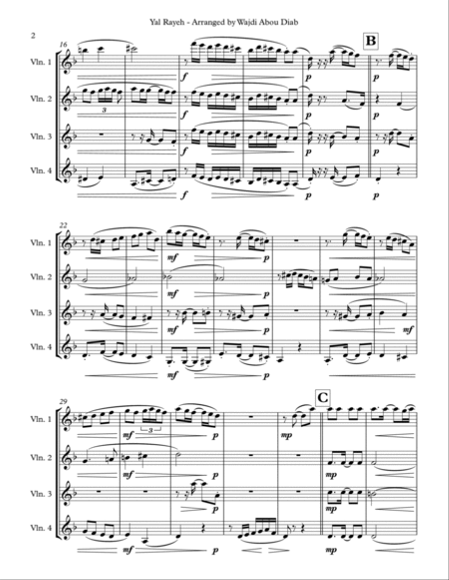 Yal Rayeh (Arabic Song) - violin quartet String Quartet scores gallery preview page 2