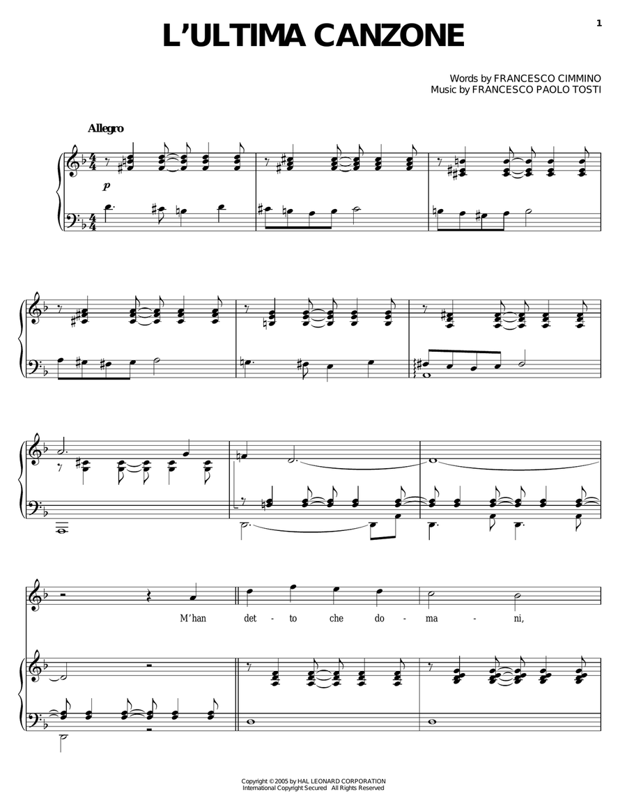 L'ultima canzone Piano, Vocal, Guitar scores gallery preview page 1